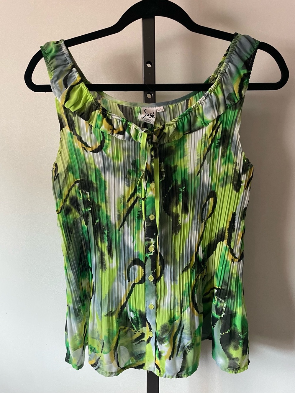 Y2K Vintage Sash Authentic Femminile Green Abstract Pleated Blouse Button Down